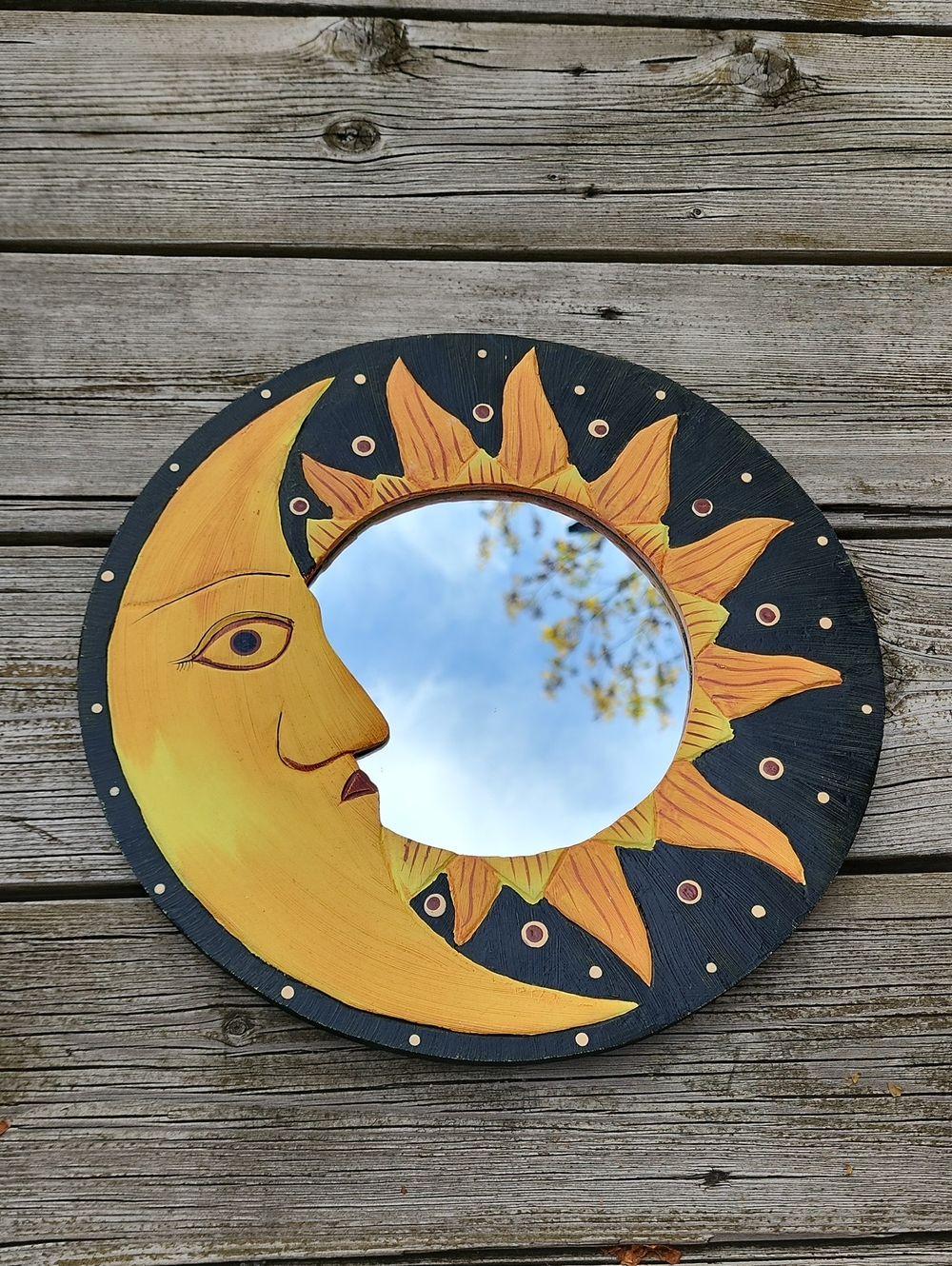 90s Vintage Hand-Painted Yellow Sun & Moon Wall Mirror